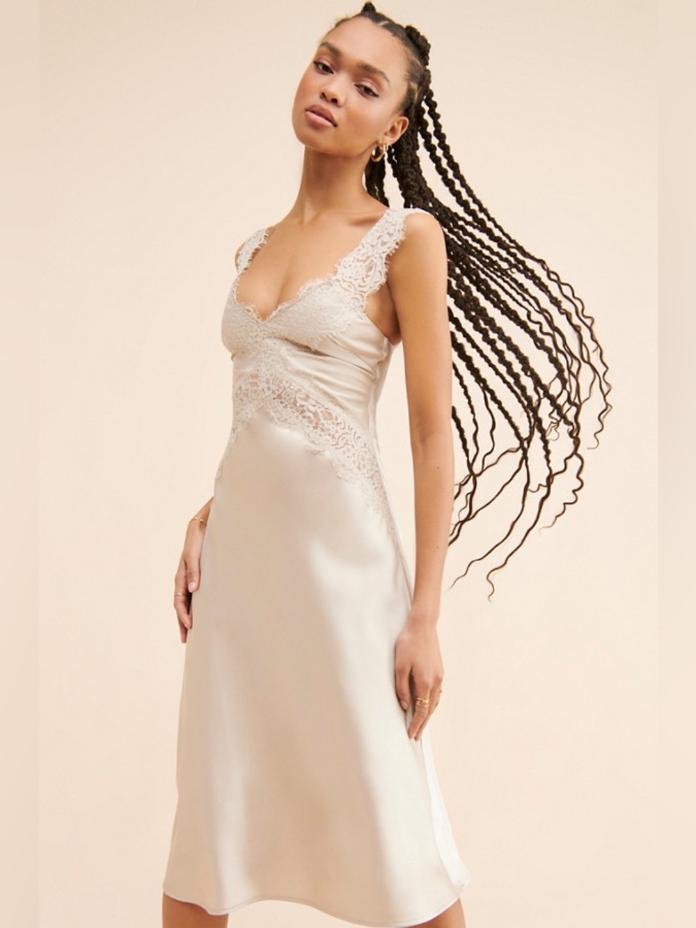 Hansen & Gretel Lucille satin Slip Dress with Lace Trim in Champagne